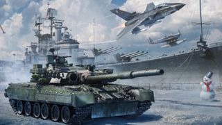 Official War Thunder artwork showing a tank, battleship, and fighter jet.