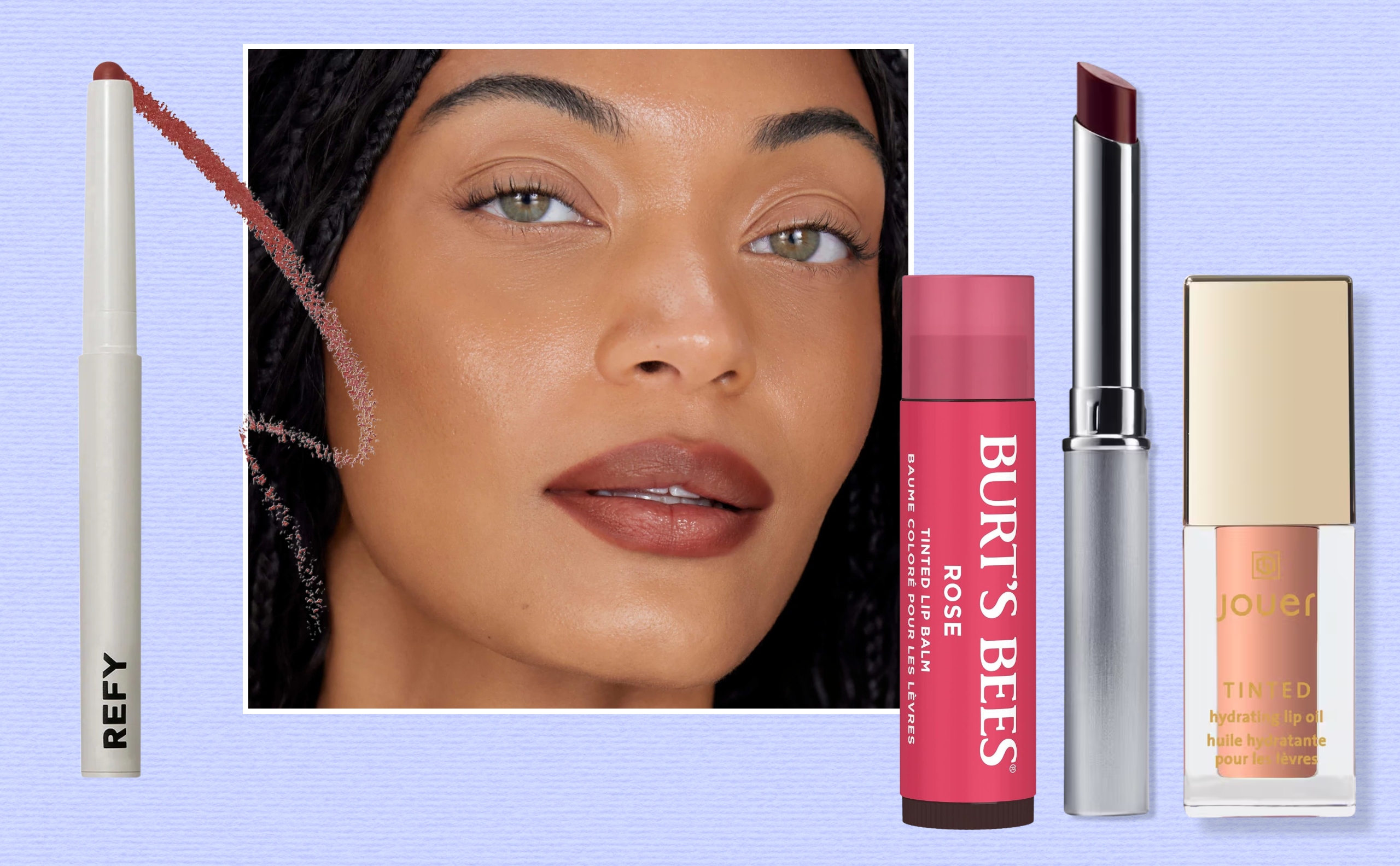 Model with softly defined rose-brown lips beside a lip liner, tinted balm, berry lipstick and peach lip oil on a lavender background