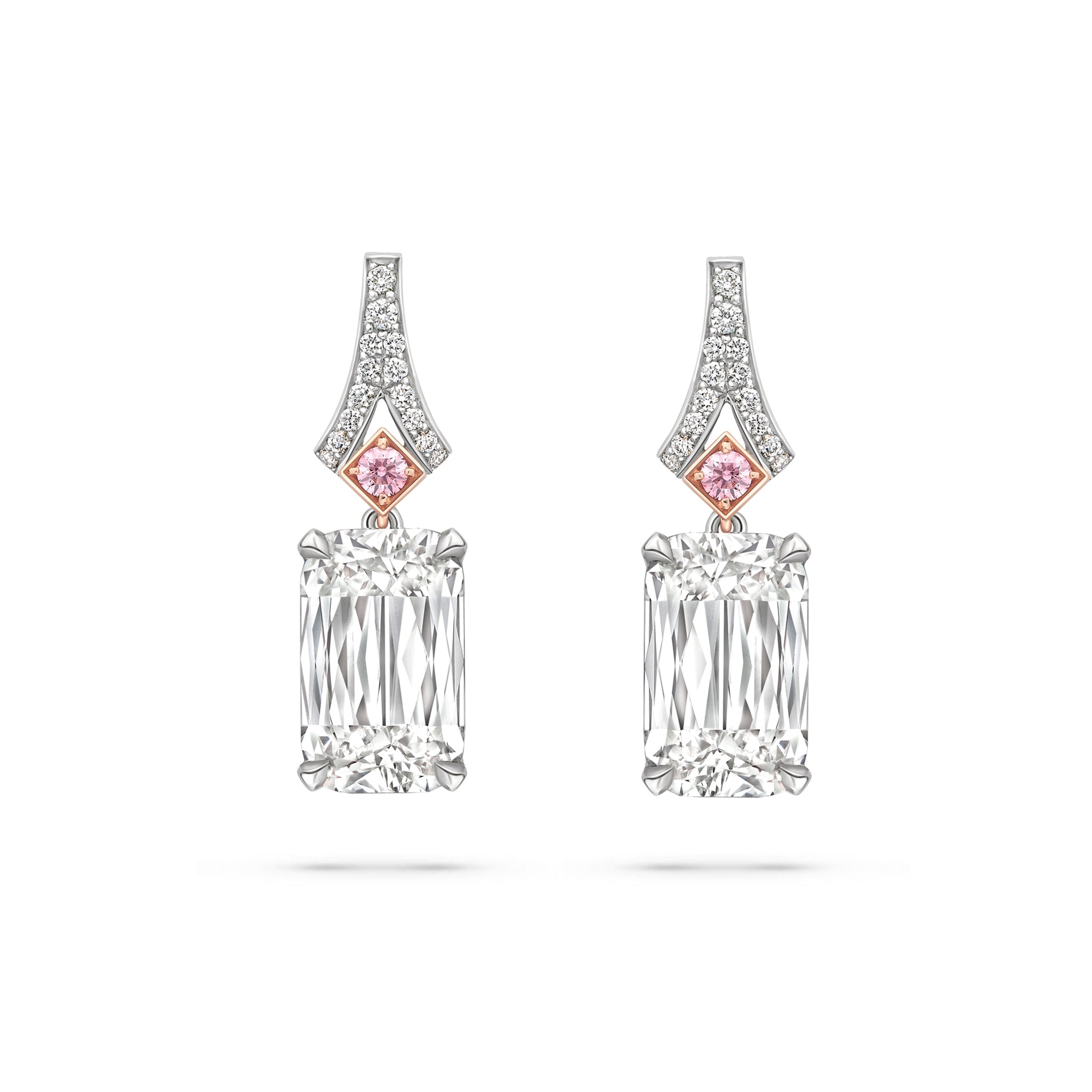 Ashoka White and Pink Diamond Platinum Drop Earrings