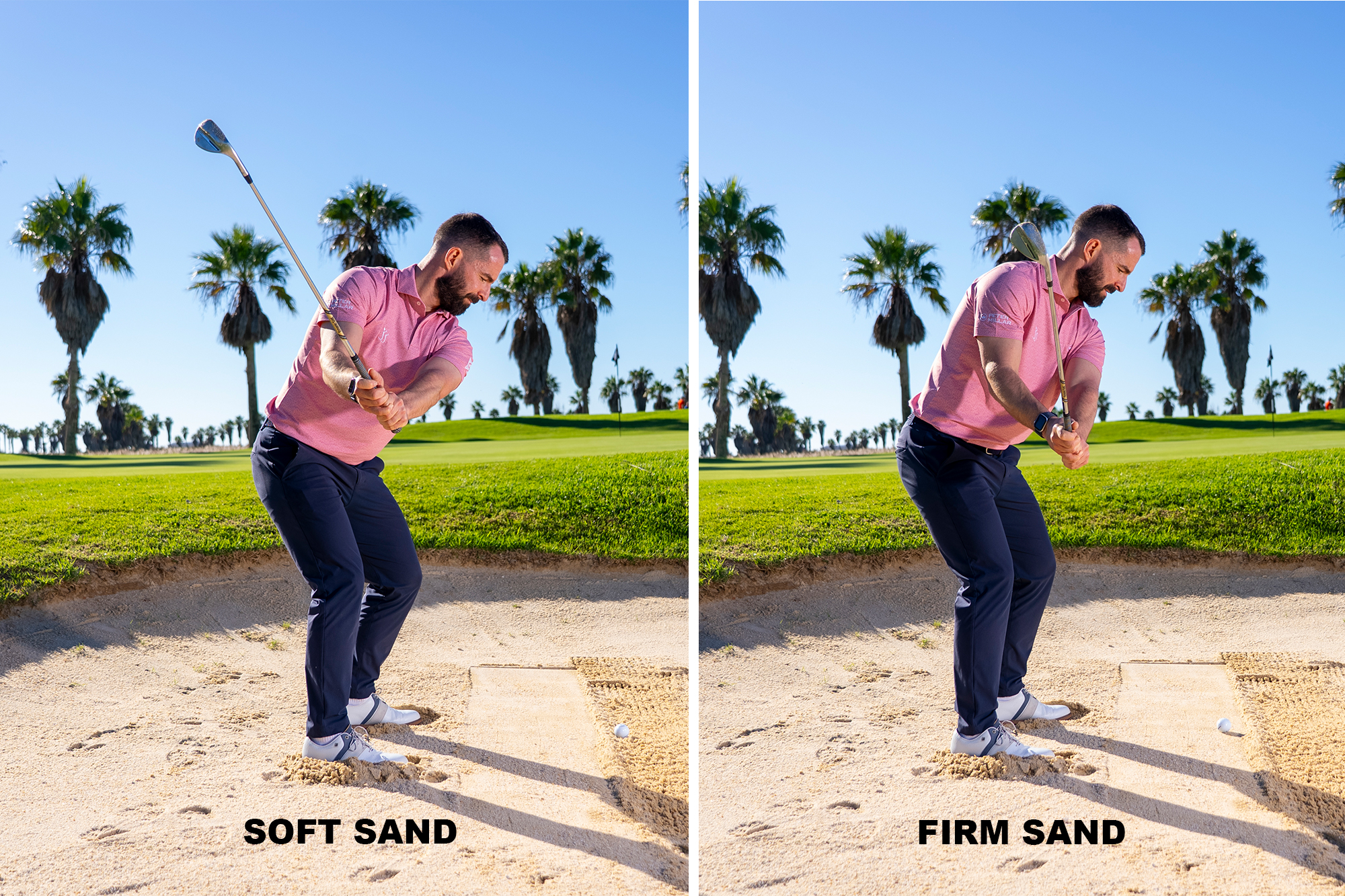 James Jankowski in a side-by-side image highlighting the different positions in the backswing for a bunker shot when coming out of soft sand vs firm sand