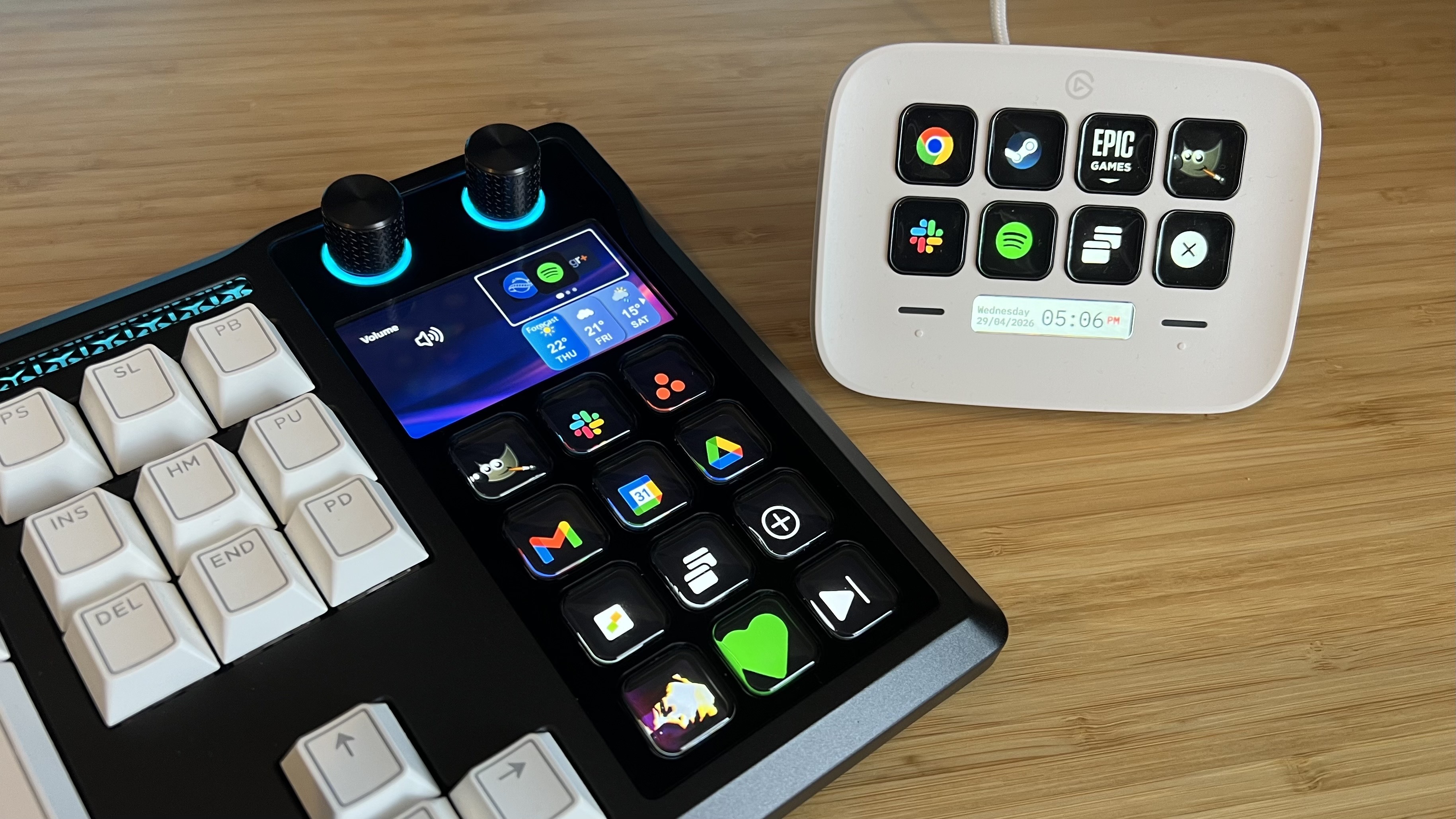 Corsair Galleon 100 SD and Stream Deck Neo on a wooden desk