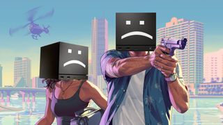 Jason Duval and Lucia Caminos in GTA 6 artwork with Steam Machines for heads and sad text faces on front.