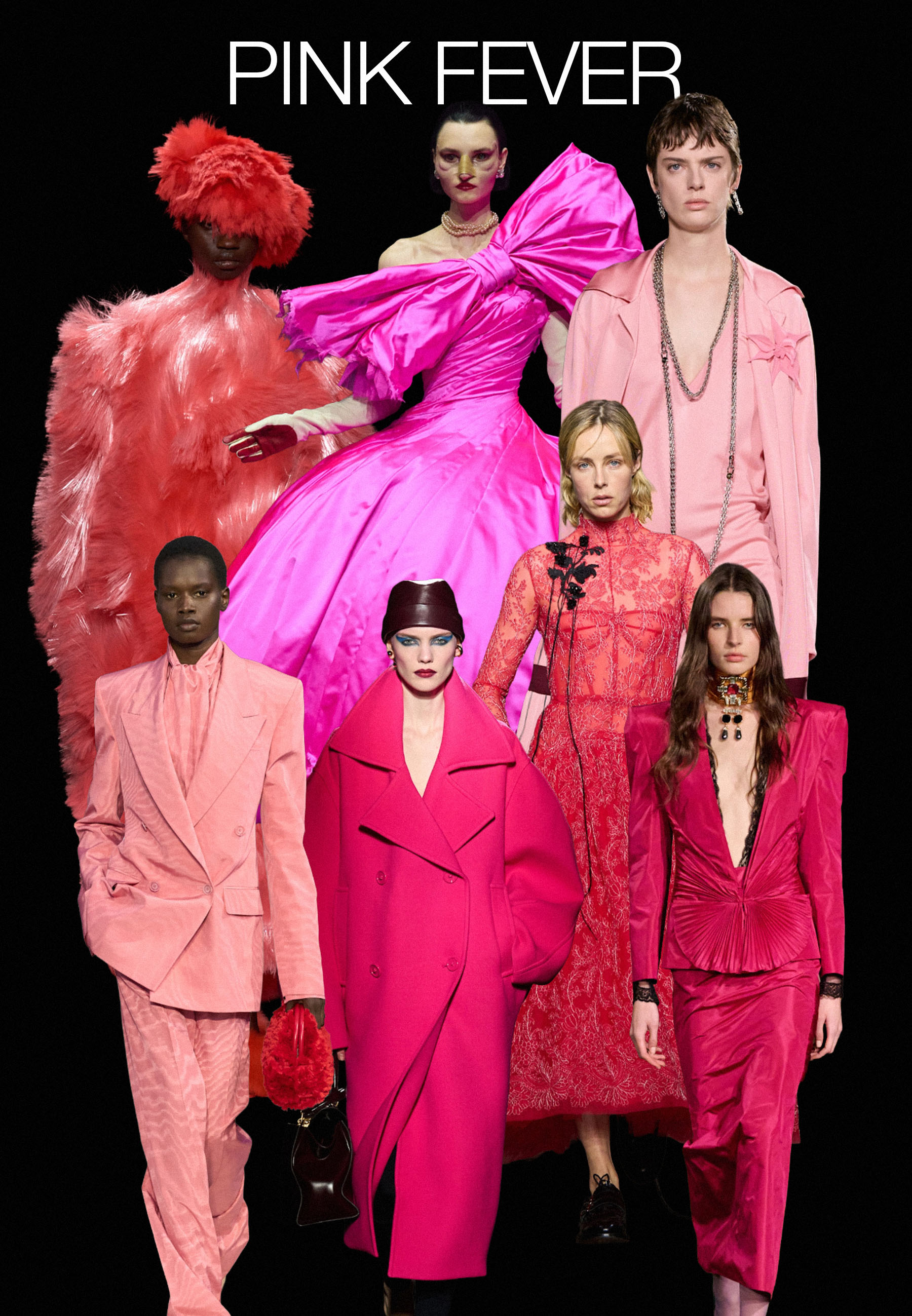 Collage of models on the autumn/winter 2026 runways for Bottega Veneta, Chanel, Erdem, Balenciaga, Mati&amp;egrave;res F&amp;eacute;cales, Stella McCartney wearing the pink trend.