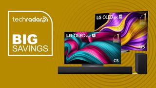 LG G5 and C5 OLED TVs and SG10TY soundbar on a yellow background with "Big Savings" text.