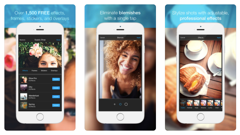 Photo Editor by Aviary on smartphones says 'Create beautiful photos with over 1500 free tools' and 'Eliminate blemishes with a single tap'