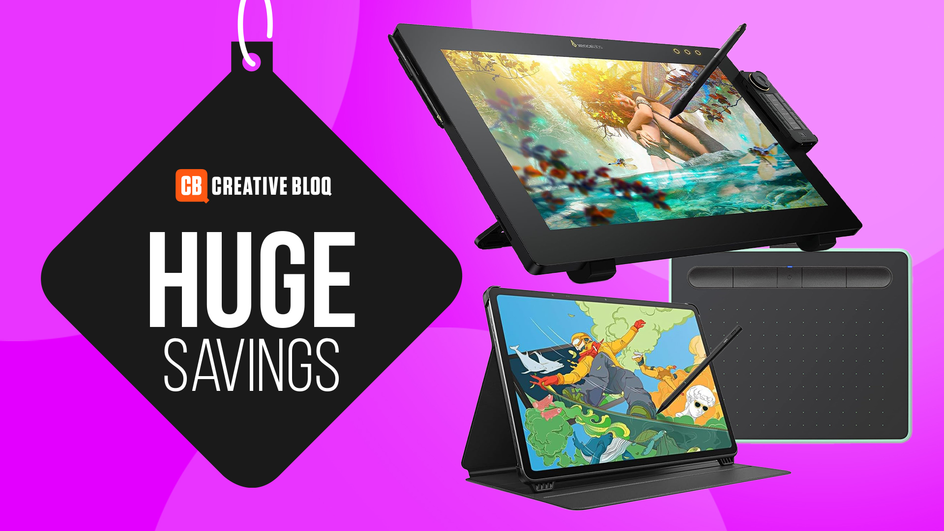 Prime Day Drawing Tablet deals; a mix of drawing tablets on a pink background