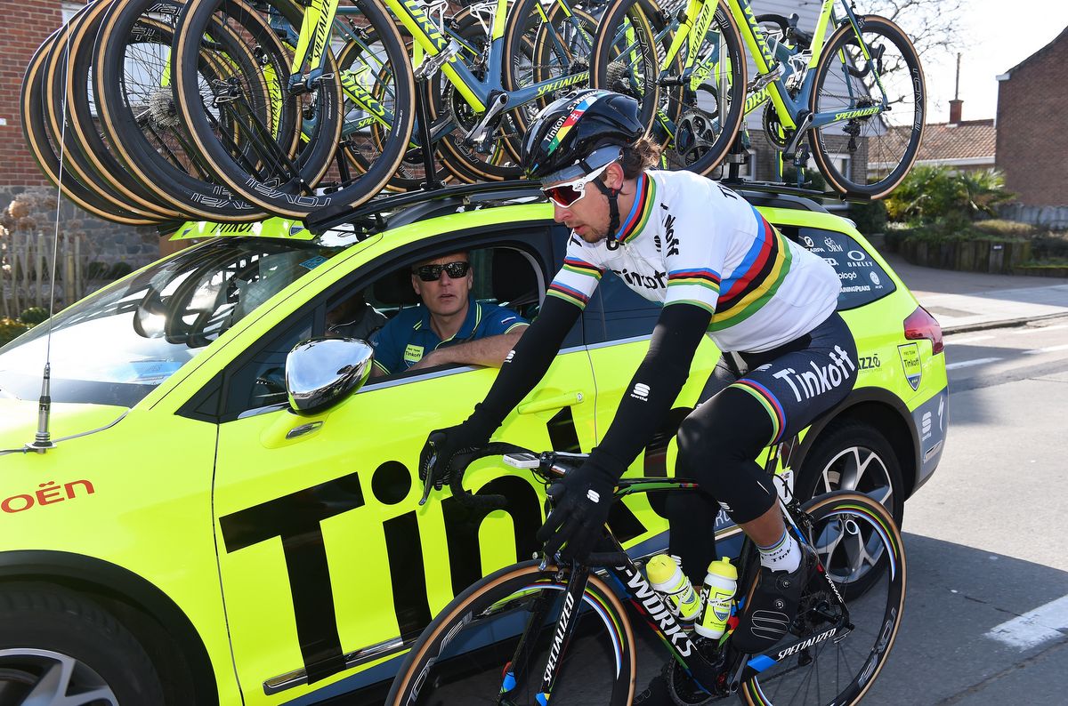 Peter Sagan chats with sports director Tristan Hoffman