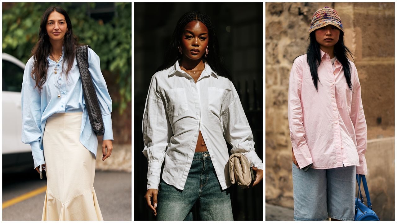 woman wearing a blue button-down shirt, woman wearing a white button-down shirt, woman wearing a pink button-down shirt 