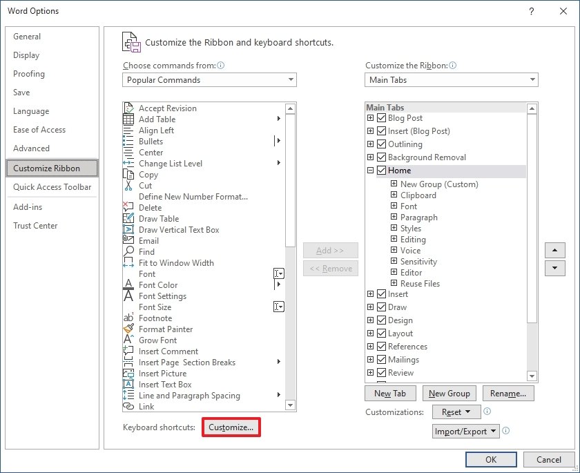 Word keyboard shortcuts option