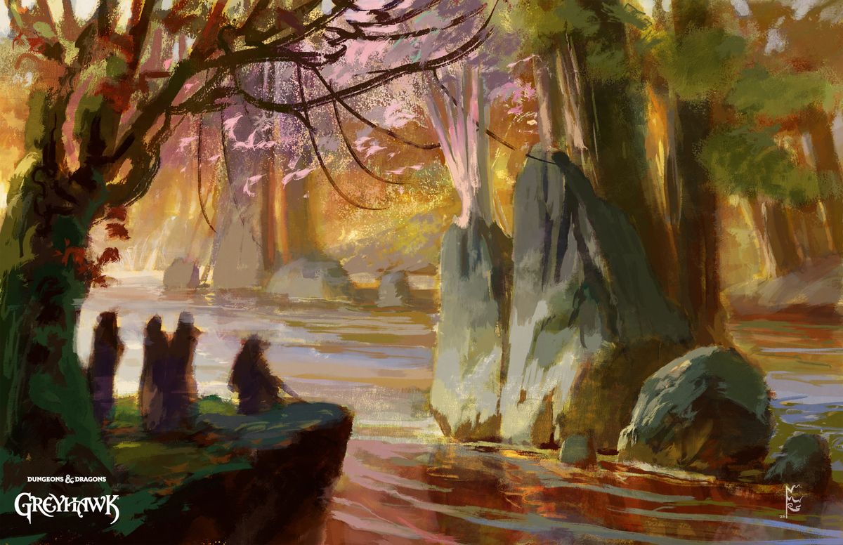Silhouetted people look out at an island of trees in the middle of a large river