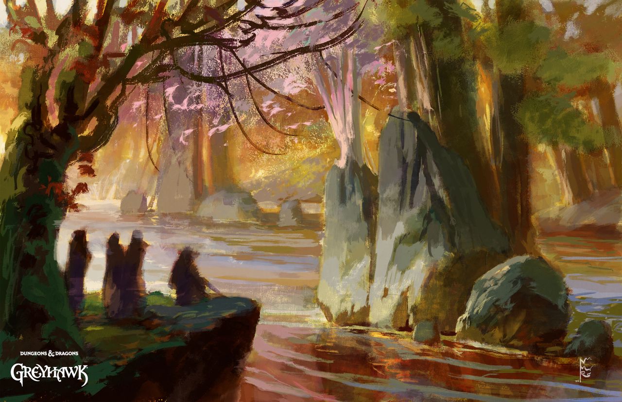 Silhouetted people look out at an island of trees in the middle of a large river