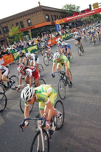 With one lap to go the women speed down Hennepin Avenue in Minneapolis.