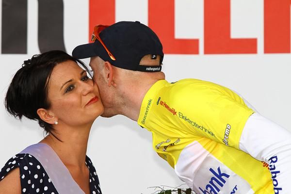 Kisses for Jos Van Emden on the podium.