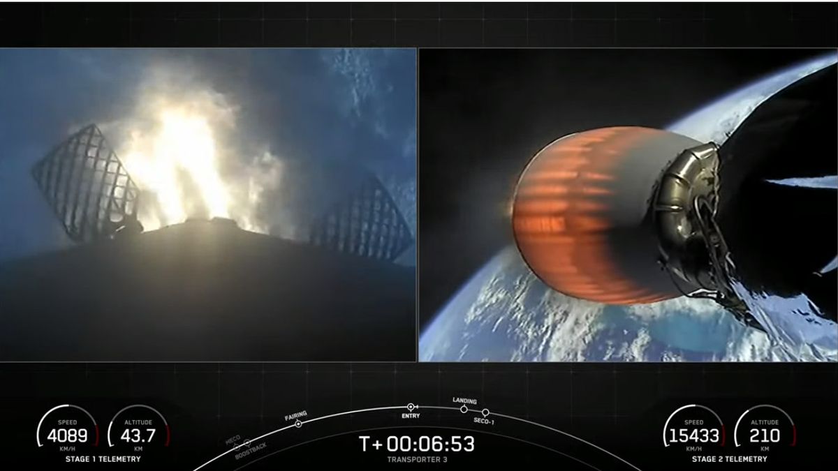 The first stage of SpaceX's Falcon 9 rocket commences its powered return to Earth.