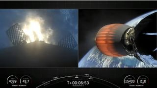 The first stage of SpaceX's Falcon 9 rocket commences its powered return to Earth.