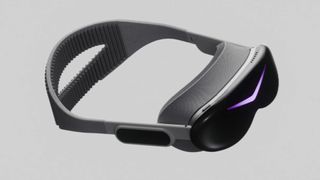 The Pimax Dream Air SE VR headset on a grey background, with the front panel lit up in a purple "V" shape
