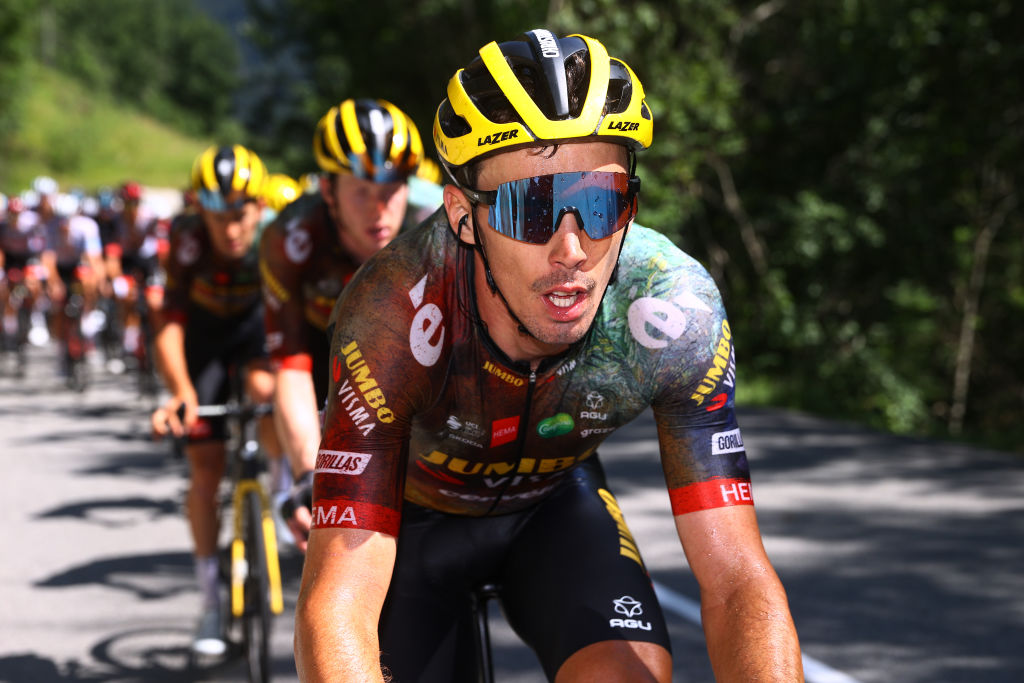 ALPE DHUEZ FRANCE JULY 14 Christophe Laporte of France and Team Jumbo Visma leads the peloton during the 109th Tour de France 2022 Stage 12 a 1651km stage from Brianon to LAlpe dHuez 1471m TDF2022 WorldTour on July 14 2022 in Alpe dHuez France Photo by Michael SteeleGetty Images