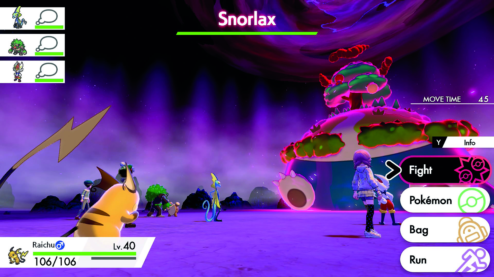 A Raichu battles a Gigantamax Snorlax - from Pokemon Sword and Shield's entry in The Story of Pokemon bookazine