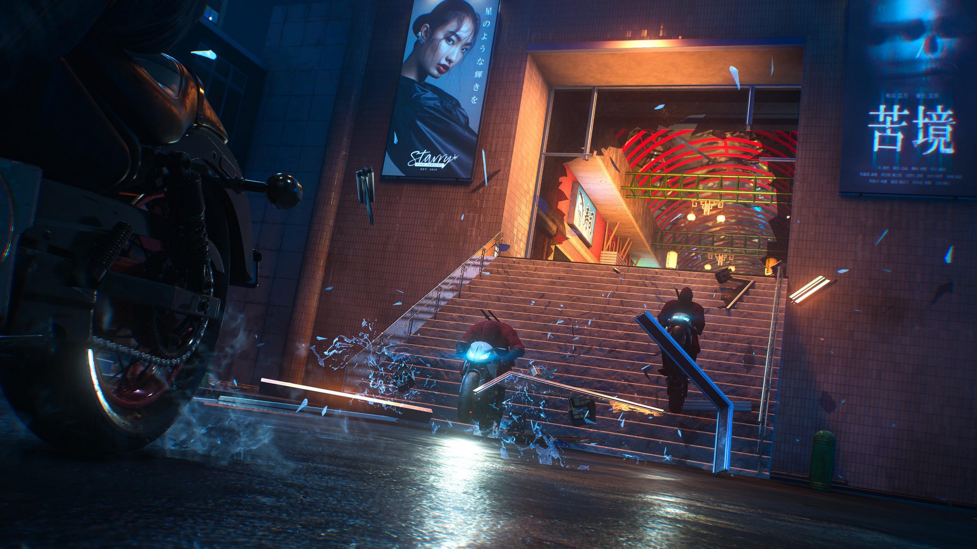 Logan peels away from The Hand ninja in a motorcycle chase in Marvel's Wolverine, smashing through a shopping arcade - an advert for Starry jewellery is nearby