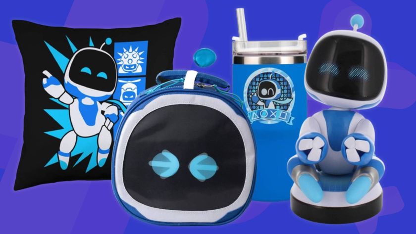 Images of official Astro Bot merch sitting on a blue GamesRadar+ background.