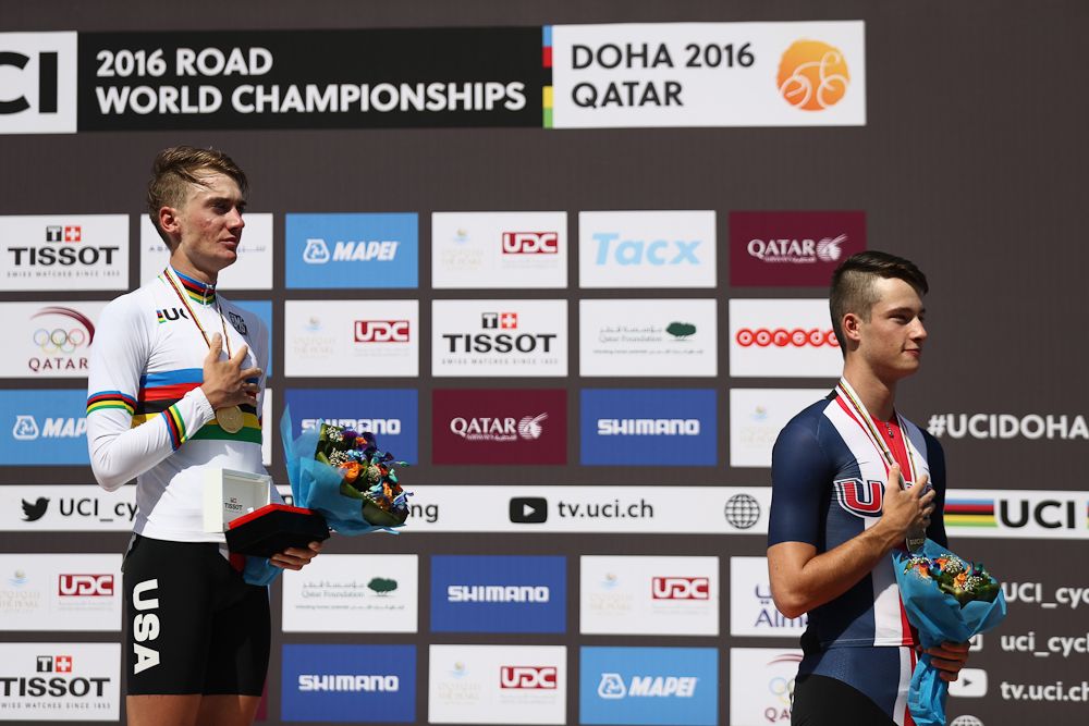 Brandon McNulty (L) of the USA poses with his gold medal and bronze medalist Ian Garrison of the USA after the Junior Men's Individual Time Trial