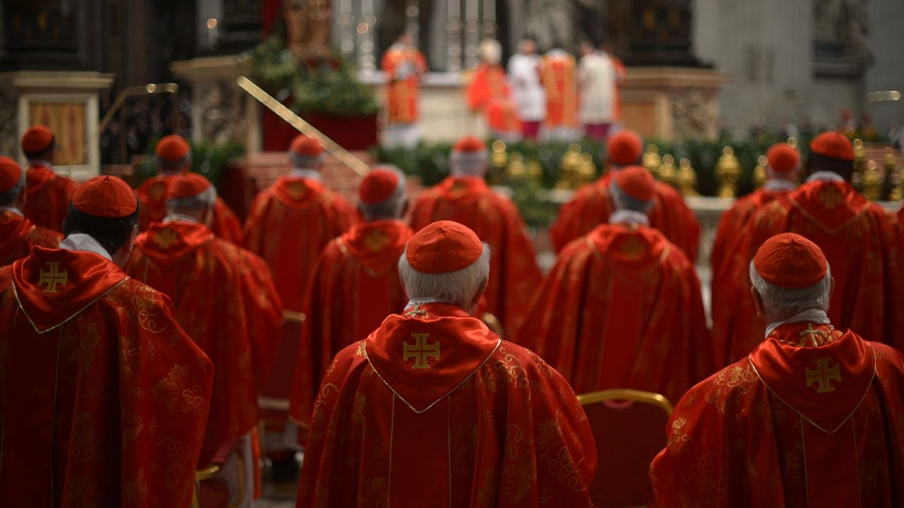 Cardinals attending a mass in St Peter&#039;s basilica at the Vatican before the start of the 2013 conclave convened following Benedict XVI&#039;s resignation