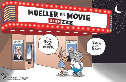 Political Cartoon U.S. Mueller Report the Movie Book Vs. Film