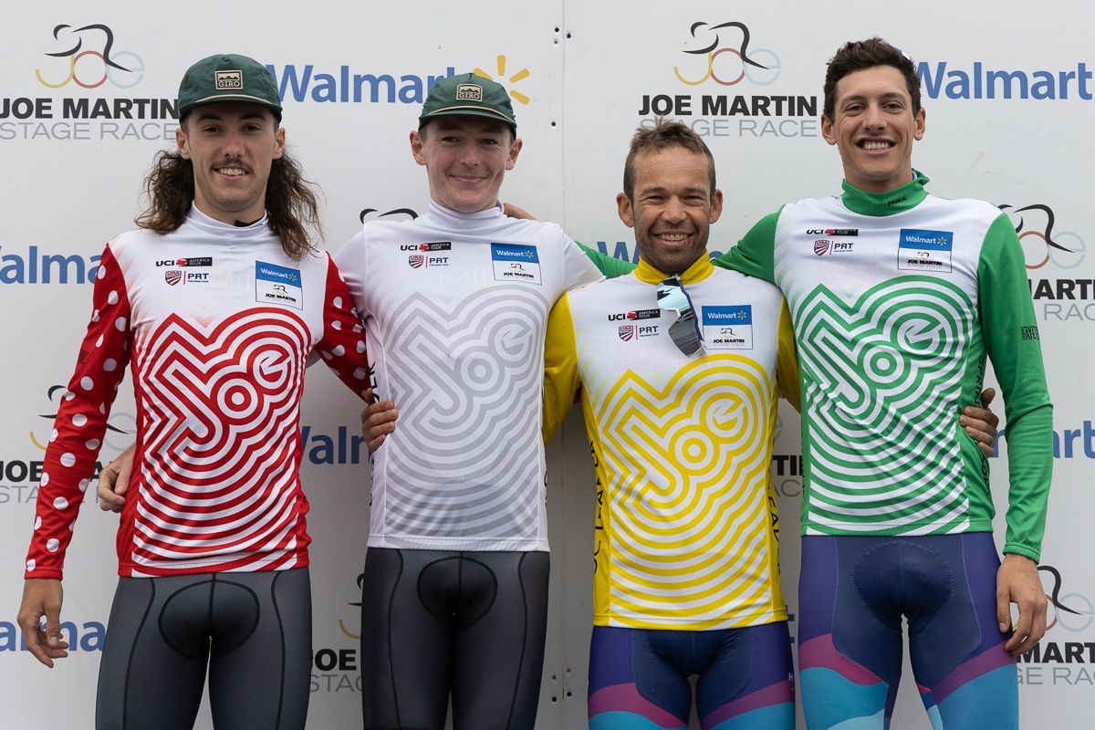 Men's final classification jerseys: Brian Jackson (Mitoq - NZ Cycling Project) in the Arkansas Tourism KOM jersey, Josh Burnett (Mitoq - NZ Cycling Project) in the white U23 jersey, George , Jonathan Clarke (Wildlife Generation Pro Cycling) in the Yellow leader's jersey, and Noah Granigan (Wildlife Generation Pro Cycling) in the Green sprint jersey.