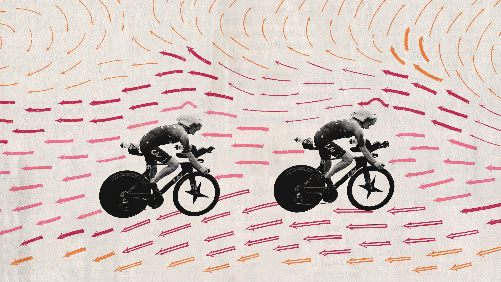 Photo collage of two female cyclists with lines indicating air flow around them