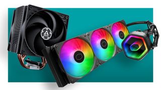 An Arctic air cooler and Cooler Master liquid cooler on a blue background.