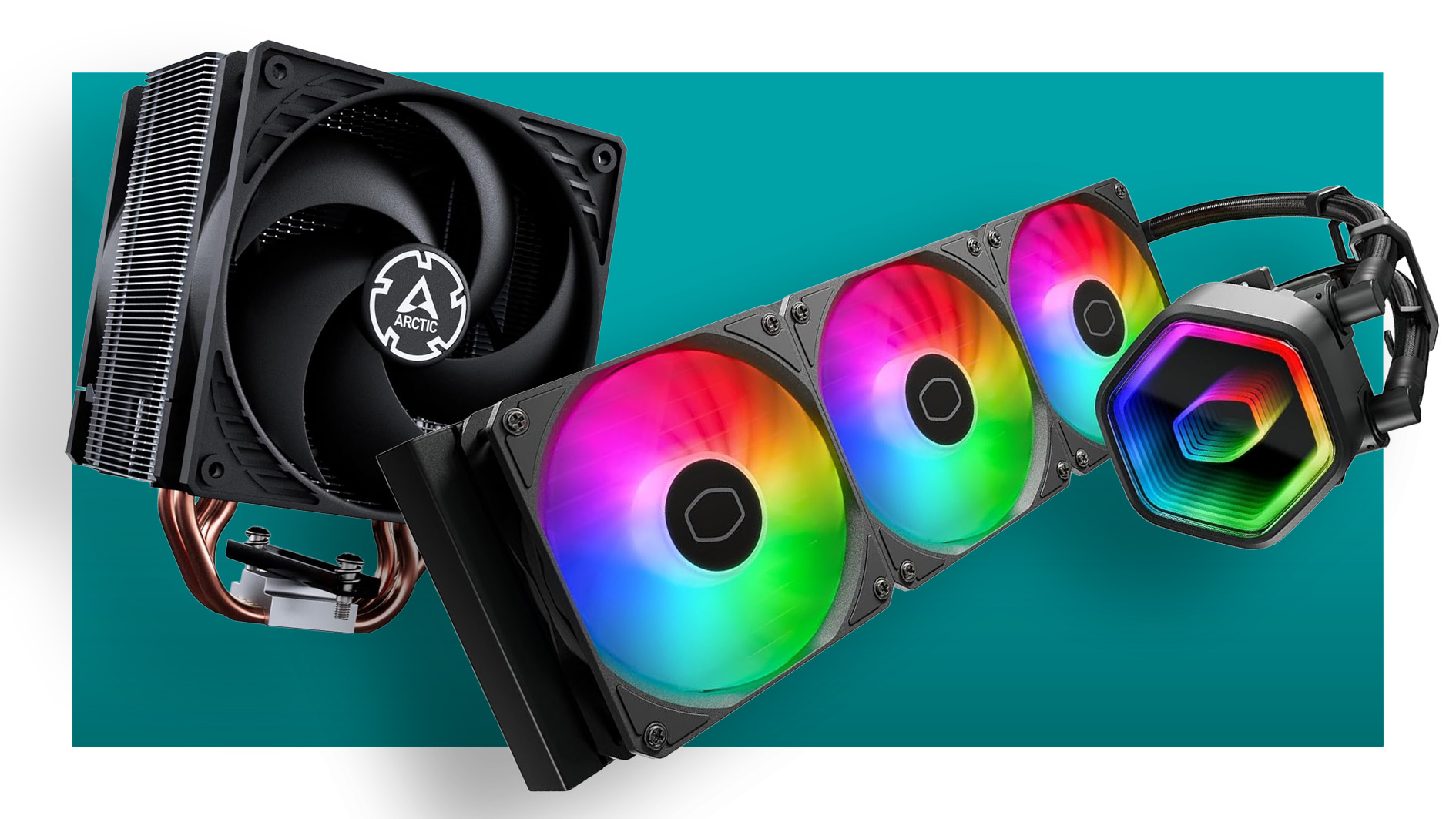 An Arctic air cooler and Cooler Master liquid cooler on a blue background.
