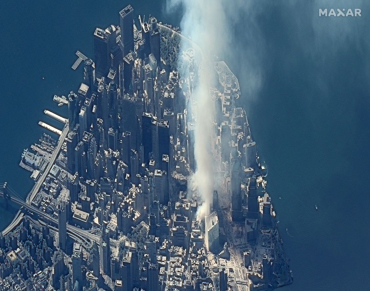 Satellite images captured smoke rising into the skies above Manhattan on Sept. 12, 2001, after the Twin Towers collapsed.