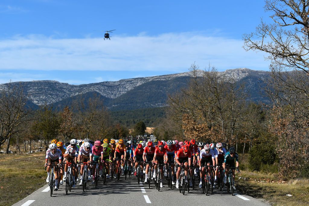 LA SEYNESURMER FRANCE FEBRUARY 18 A general view of the peloton passing through a landscape during the 54th Tour Des Alpes Maritimes Et Du Var 2022 Stage 1 a 176km stage from Saint Raphal to La SeynesurMer TDHV22 on February 18 2022 in La SeynesurMer France Photo by Dario BelingheriGetty Images