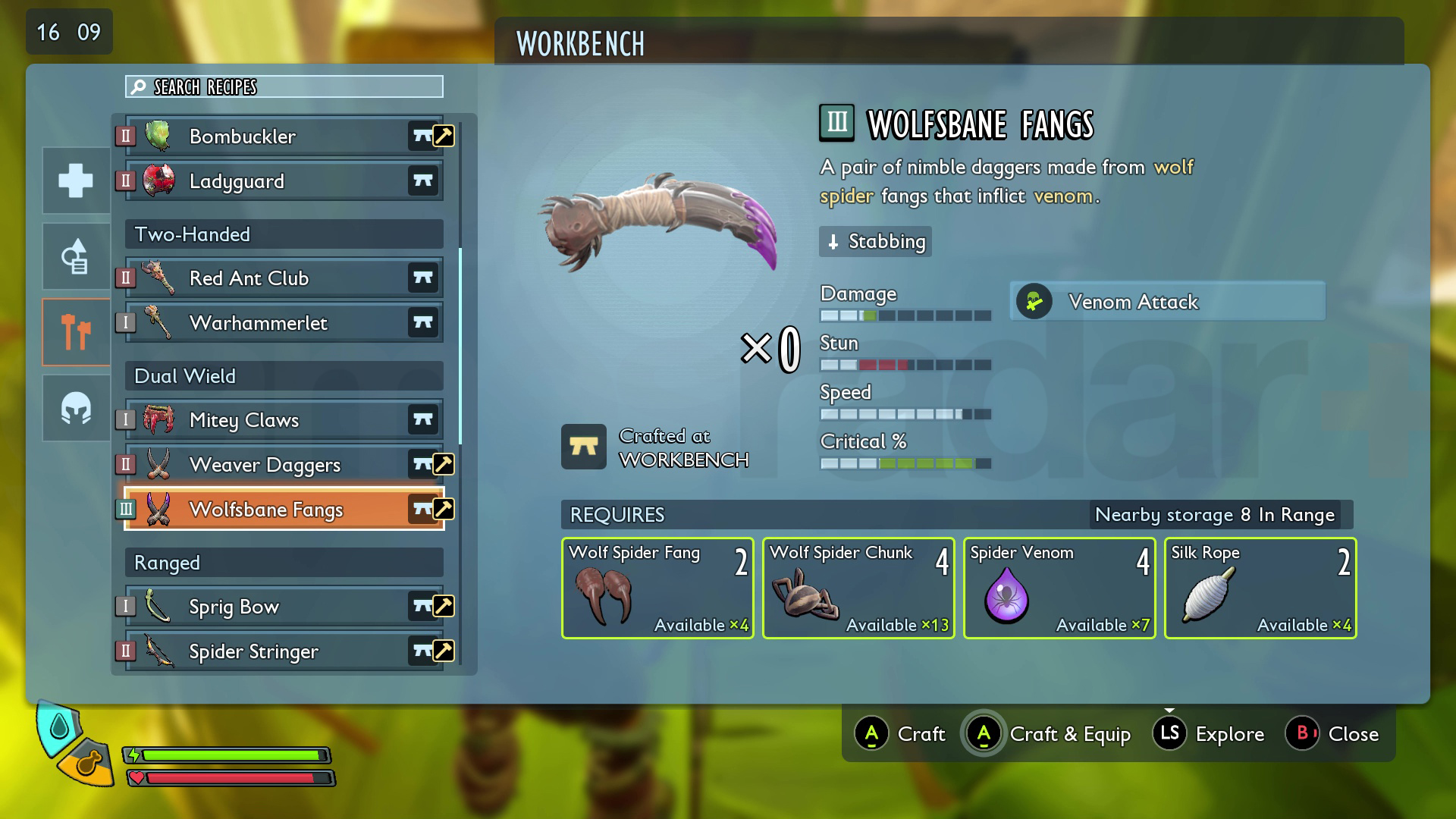 Crafting recipe for the Wolfsbane Fangs, best of all the Grounded 2 weapons