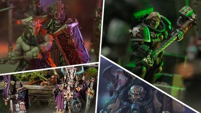 Helsmiths of Hashut, Leagues of Votann, and Kill Team Death Watch models divided by white lines