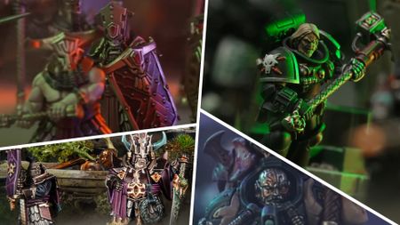 Helsmiths of Hashut, Leagues of Votann, and Kill Team Death Watch models divided by white lines