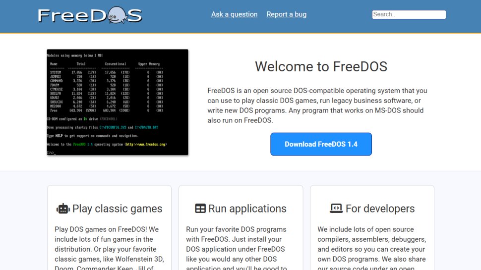 FreeDOS website screenshot (February 2026).
