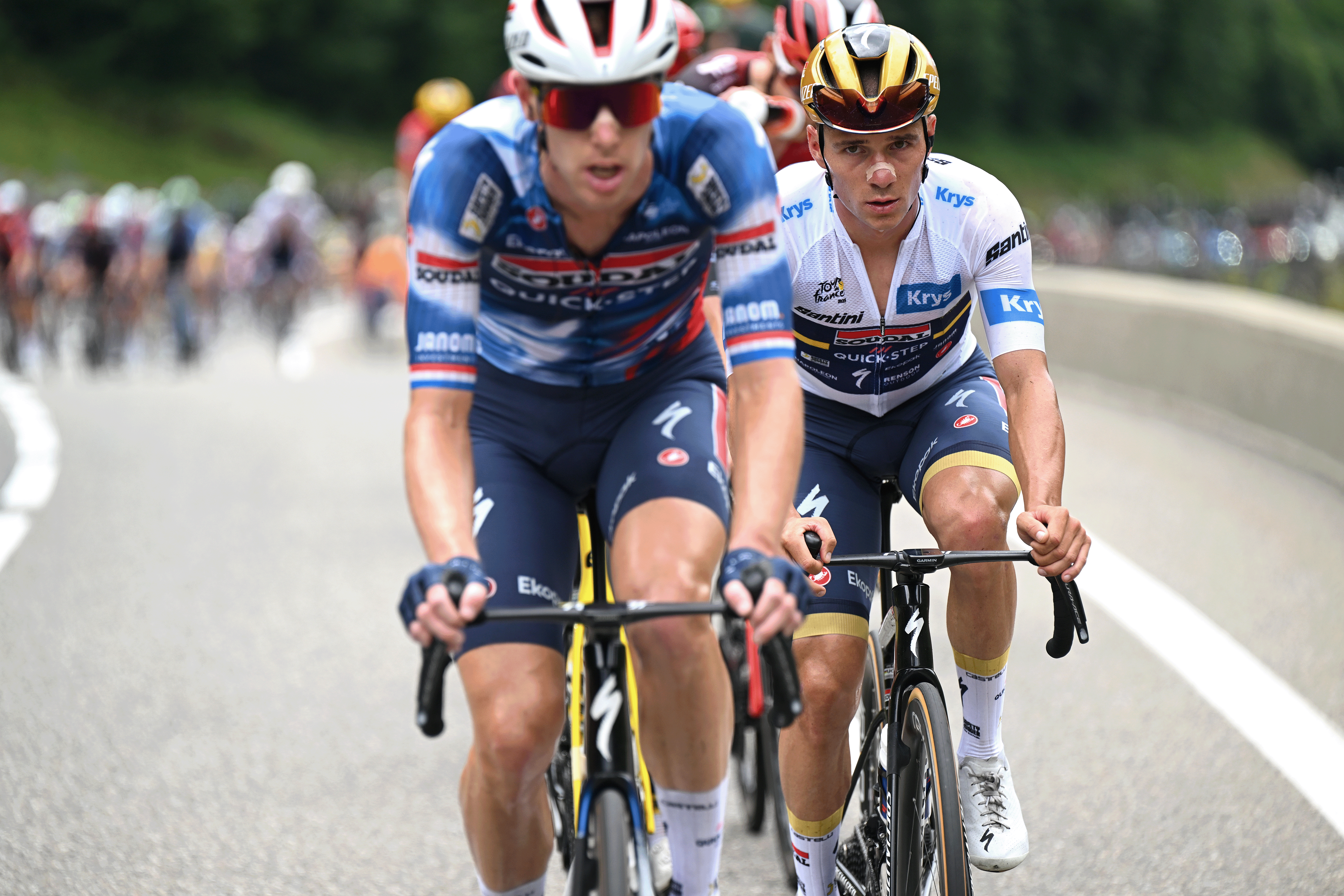 LUCHON-SUPERBAGNERES, FRANCE - JULY 19: Remco Evenepoel of Belgium and Team Soudal Quick-Step - White best young jersey compete during the 112th Tour de France 2025, Stage 14 a 182.6km stage from Pau to Luchon-Superbagneres 1794m / #UCIWT / on July 19, 2025 in Luchon-Superbagneres, France. (Photo by Tim de Waele/Getty Images)