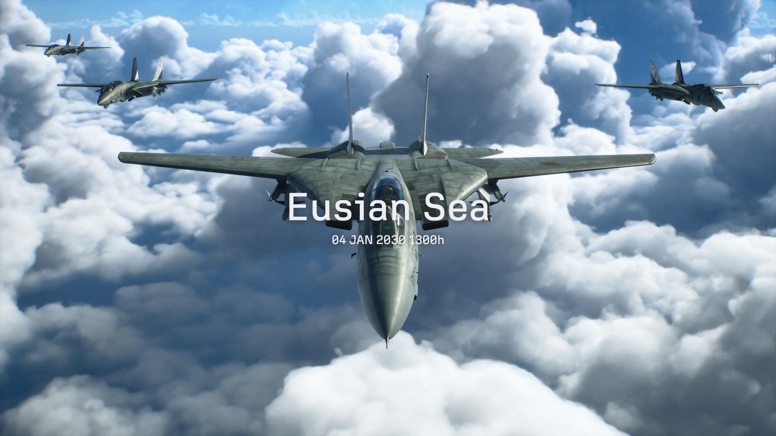 Ace Combat 8 screenshot showing four planes in formation with the writing "Eusian Sea 04 Jan 2030 1300h" on screen