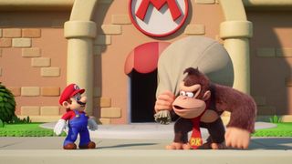 Mario and Donkey Kong seen in a cutscene in Mario vs. Donkey Kong on Nintendo Switch.