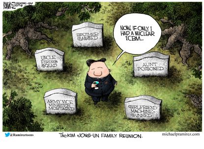Political cartoon U.S. Kim Jong Un family reunion graveyard missiles