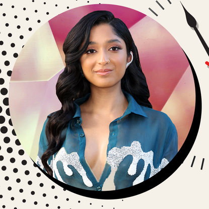 Headshot of Maitreyi Ramakrishnan over clock and dot pattern for Beauty around the clock series
