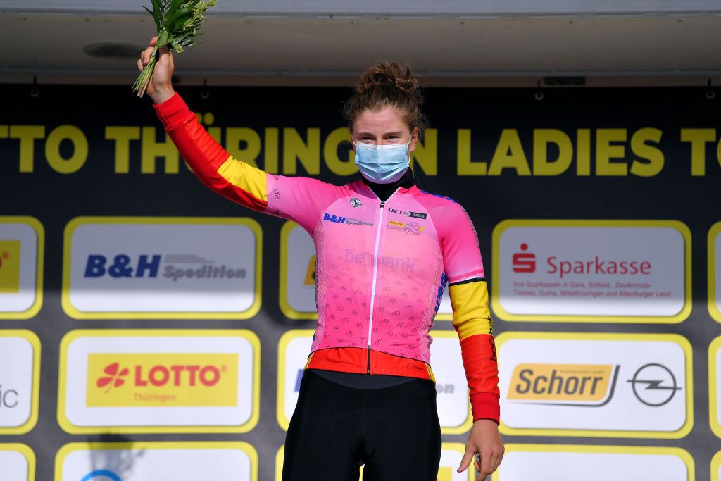 DRTENDORF GERMANY MAY 28 Lotte Kopecky of Belgium and Team Belgium Purple sprint jersey celebrates at podium during the 34th Internationale LOTTO Thringen Ladies Tour 202 Stage 4 a 101km stage from Drtendorf to Drtendorf 420m ltlt2021 lottothueringenladiestour womencycling on May 28 2021 in Drtendorf Germany Photo by Luc ClaessenGetty Images