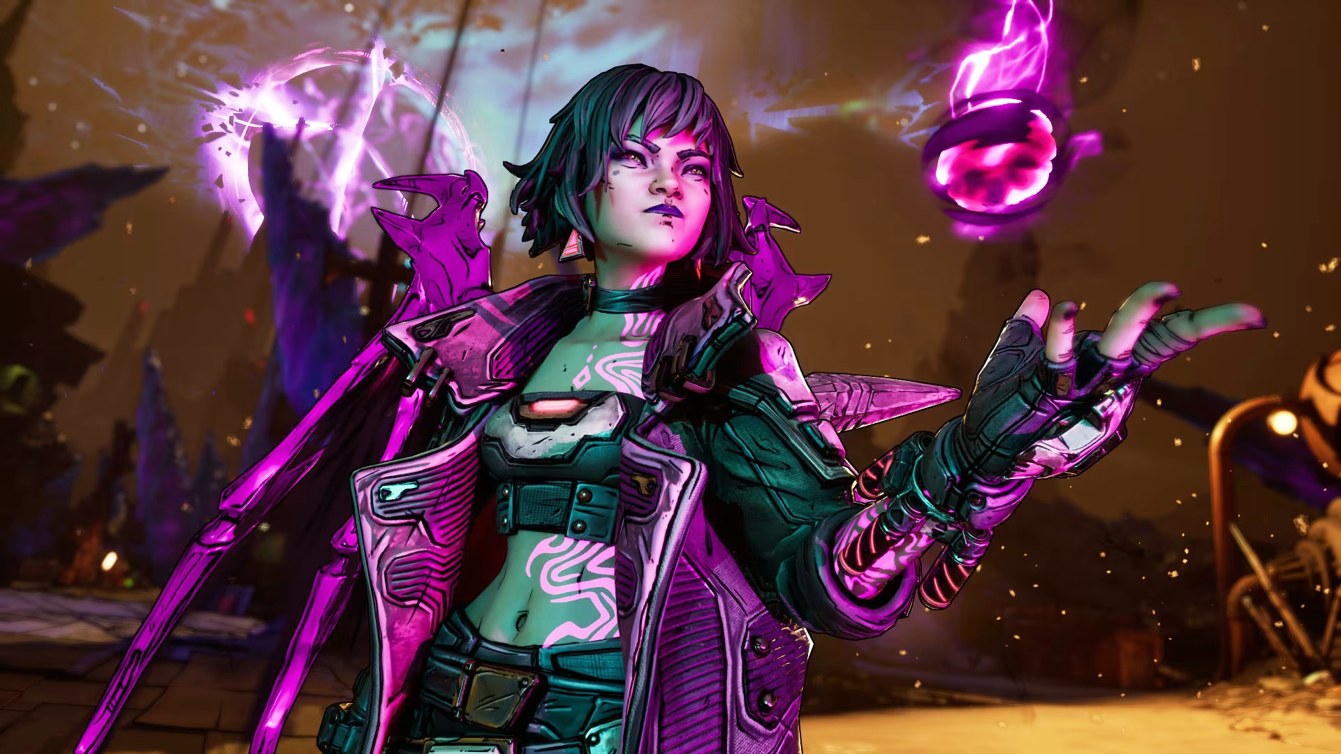Borderlands 4 Quincunx Stellium: An upper-body shot of Vex holding a glowing orb in her left hand as she looks out in the distance.