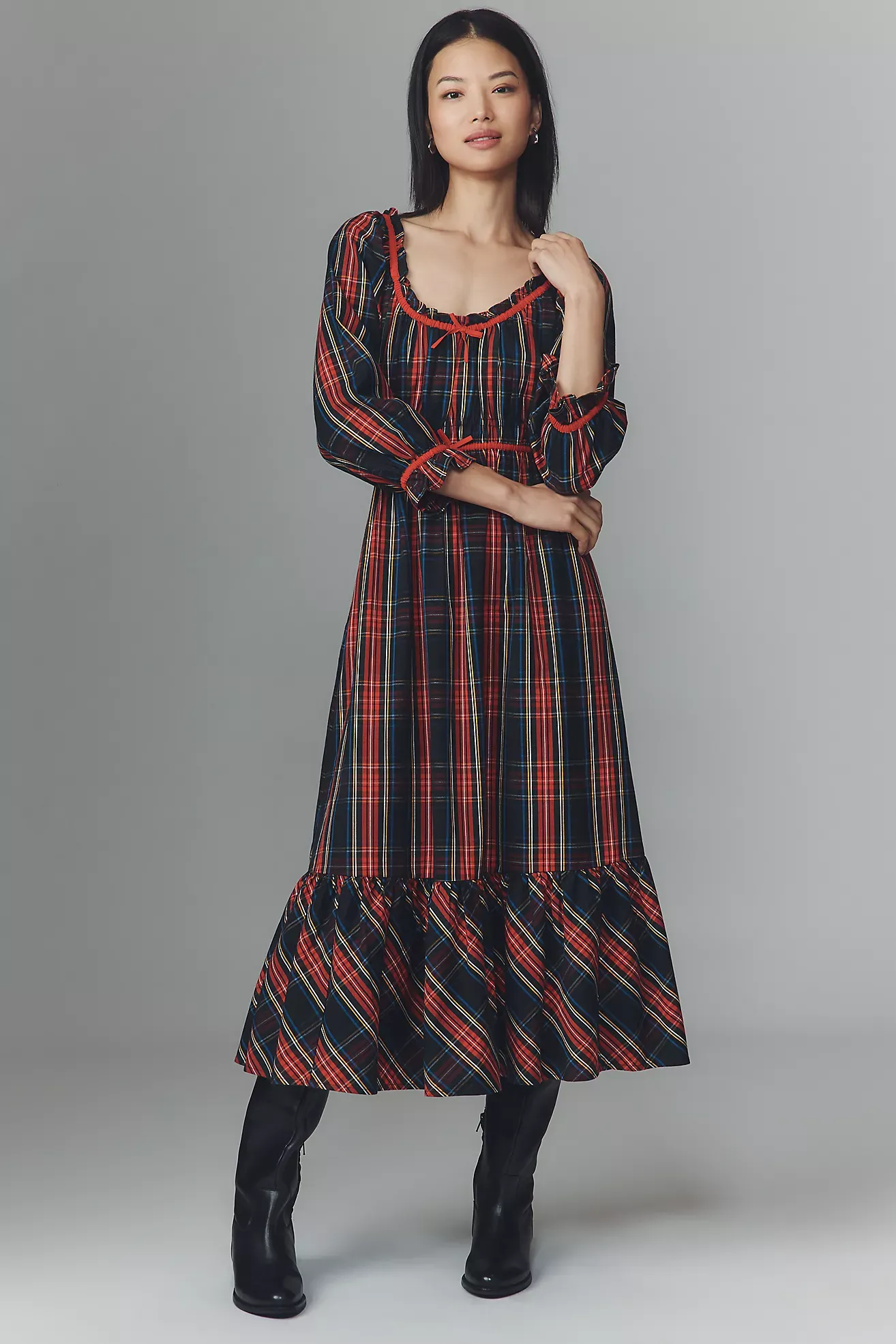 Pink City Prints Agatha Scoop-Neck Ruffle-Hem Midi Dress