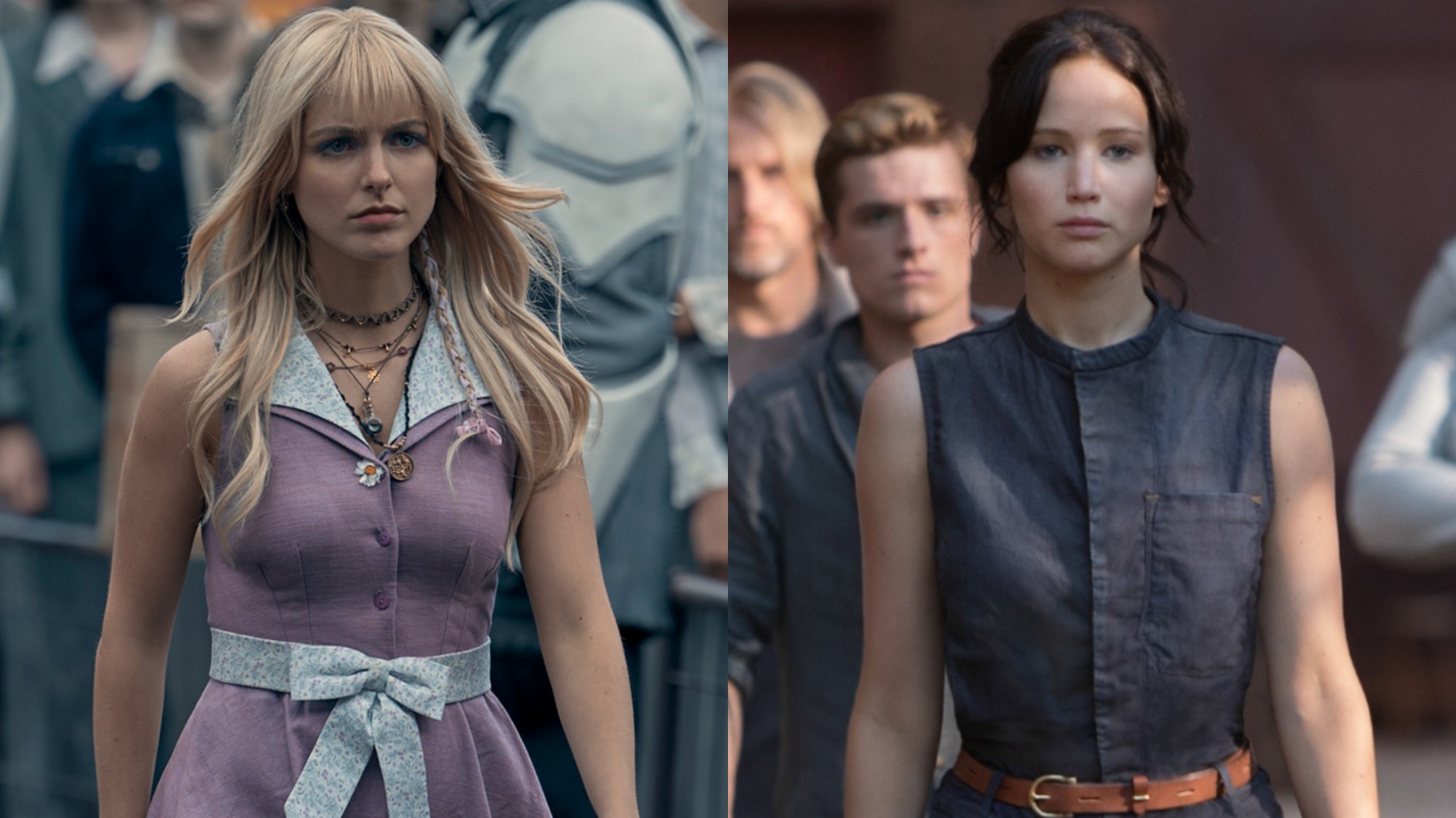 Mckenna Grace as Maysilee in Sunrise on the Reaping and Jennifer Lawrence as Katniss in Catching Fire. 