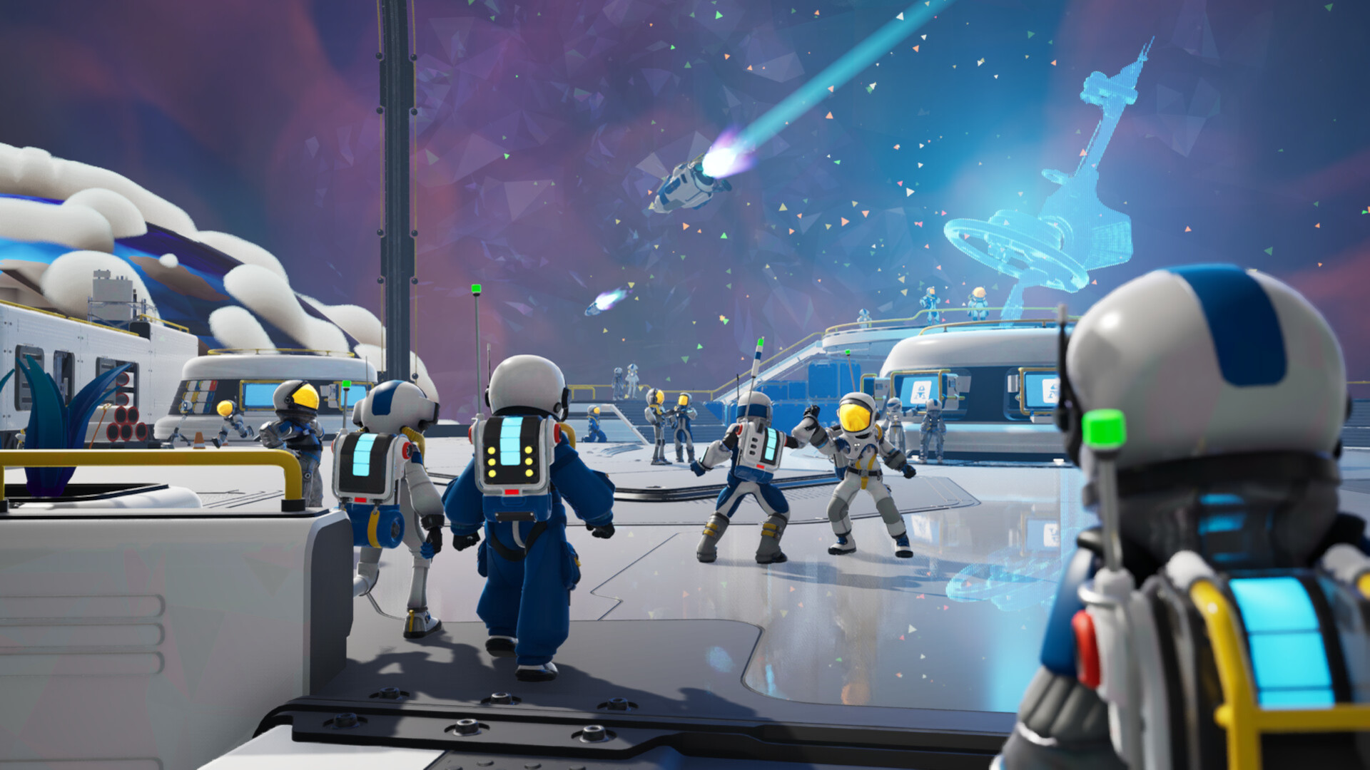 In Starseeker: Astroneer Expeditions, crew mates gather together on in space station-like location