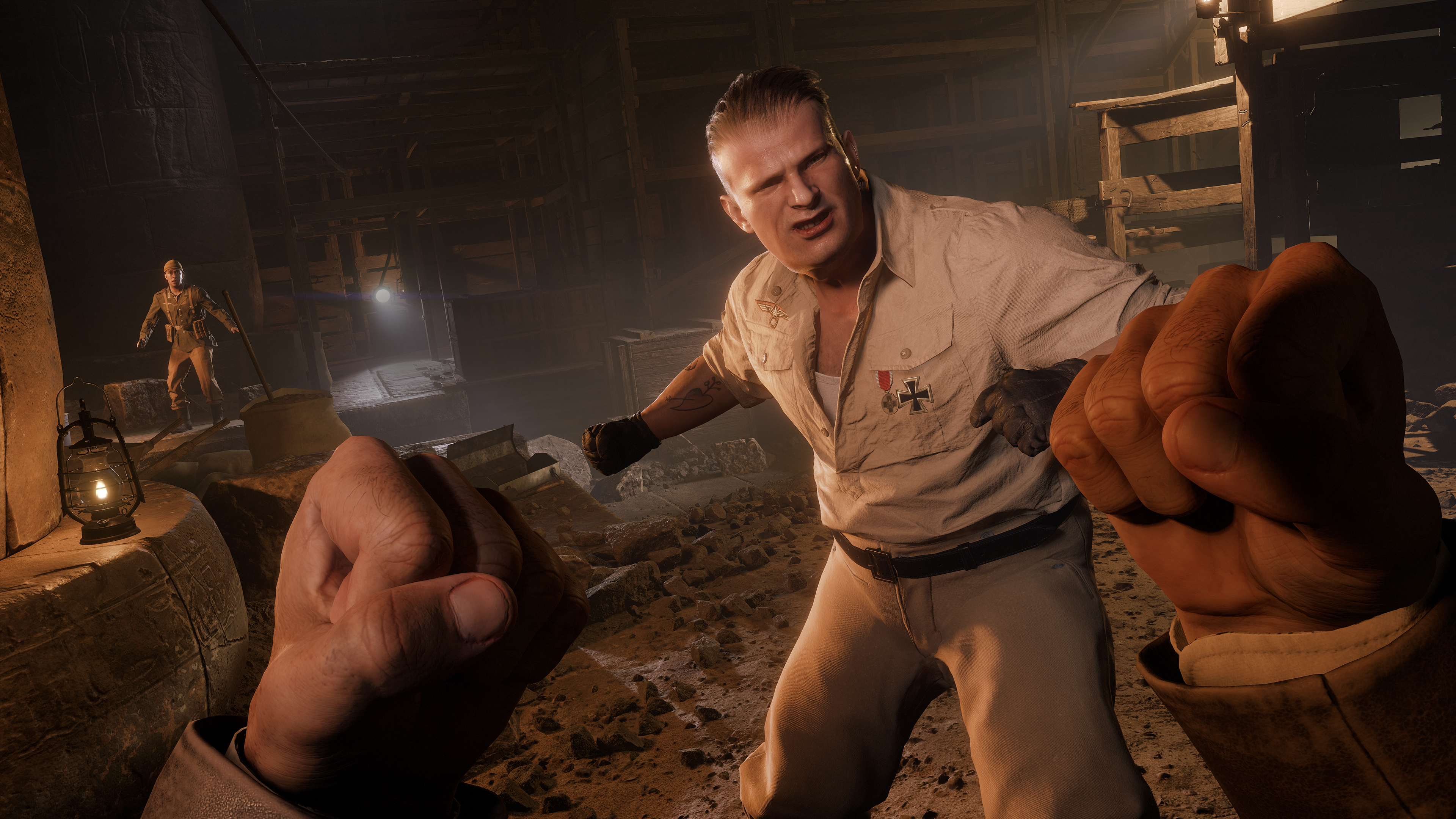 A screenshot from Indiana Jones and the Great Circle showing Indiana Jones' fists raised and in a fight