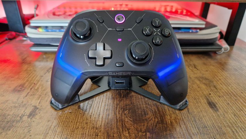 The GameSir Cyclone 2 with blue and pink RGB lighting on