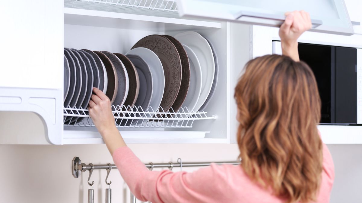 Woman reaching into a cupboard to fetch a plate